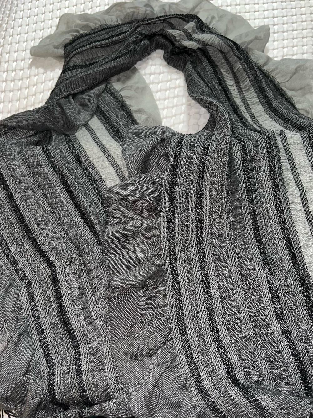 Lightweight Black and Gray Striped Ruffle Women's Scarf 78” x 15”